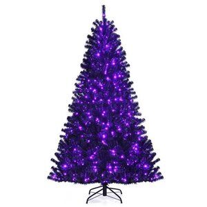 Costway 7ft Pre-lit PVC Christmas Halloween Tree Black w/ 500 Purple LED Lights
